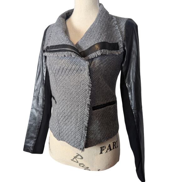 Vince Wool Tweed and Leather Jacket Gray and Black Size XXS - Picture 3 of 16